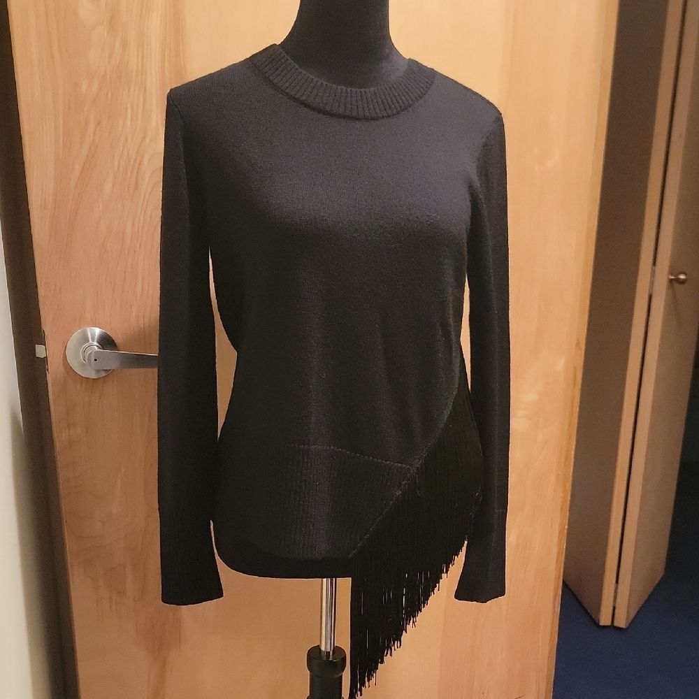 Milly Elegant Black Sweater with Fringe Detail Sz Med